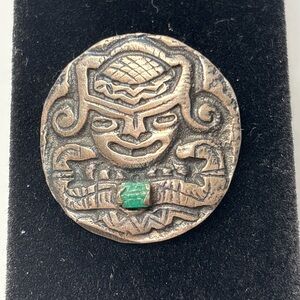 Vintage Mexican Sterling Silver Pre Columbian Brooch w/Rough Emerald Stone